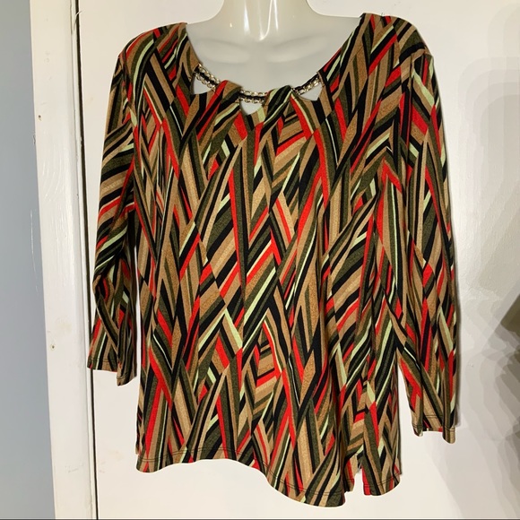 Rafaella Geometric Stripes Earthy Colors Lace Chain Neckline L/P TOP - Picture 9 of 13